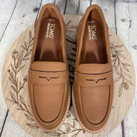Toms Platform Loafers Women Size 6 Tan Camel Slip On Preppy Minimalist Shoes - Picture 9 of 10